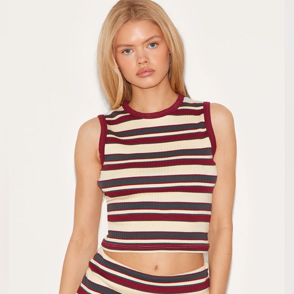 PrettyLittleThing Cream and Burgundy Striped Ribbed Tank Top
